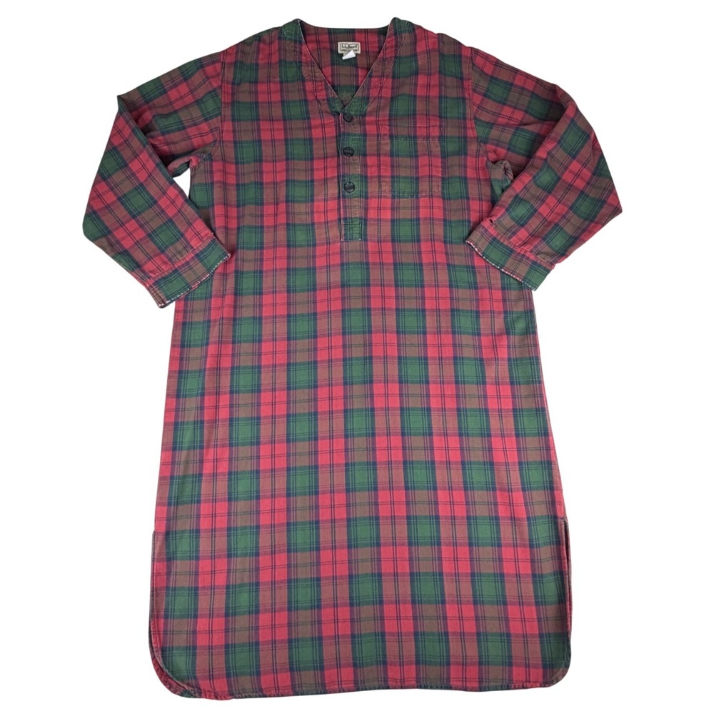 Vintage 1994 L.L. Bean Plaid Nightgown Nightshirt Men L Long Sleeve Button Up‎